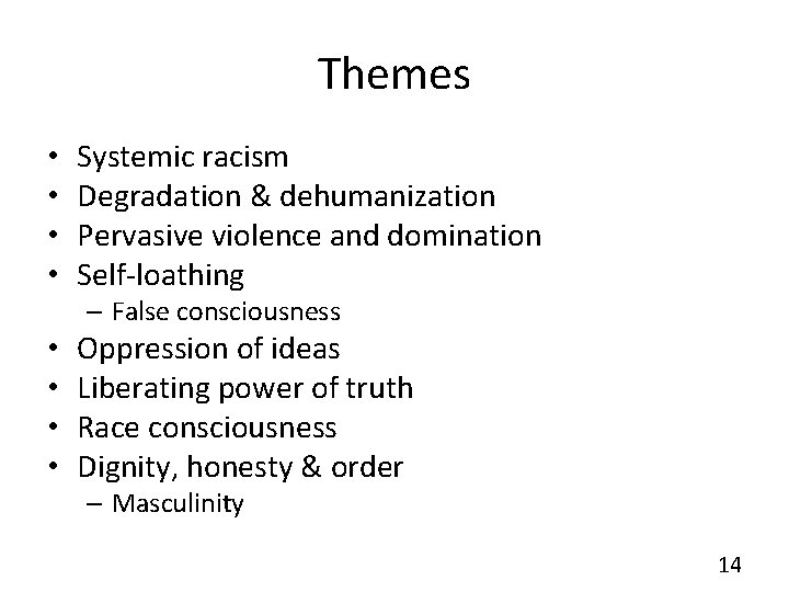 Themes • • Systemic racism Degradation & dehumanization Pervasive violence and domination Self-loathing –