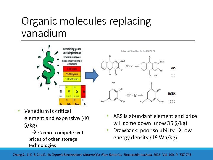 Organic molecules replacing vanadium • Vanadium is critical element and expensive (40 $/kg) Cannot