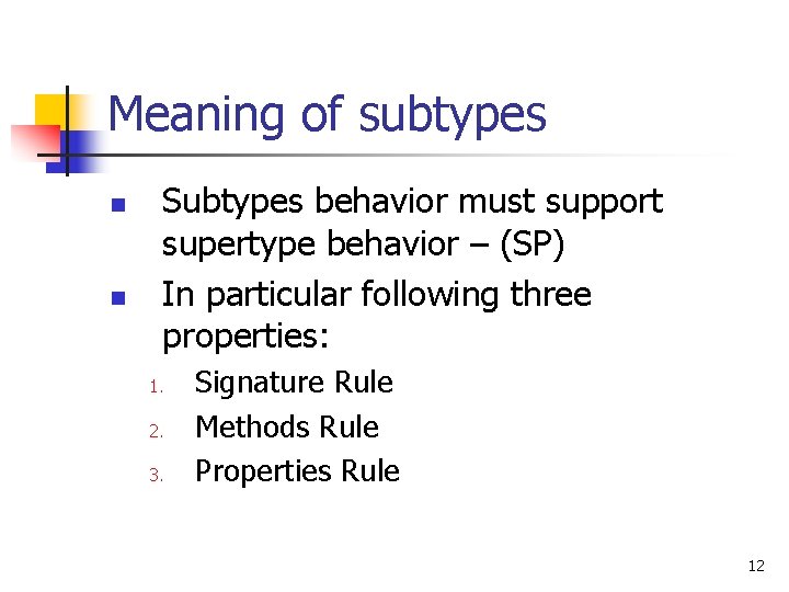 Meaning of subtypes n n Subtypes behavior must support supertype behavior – (SP) In