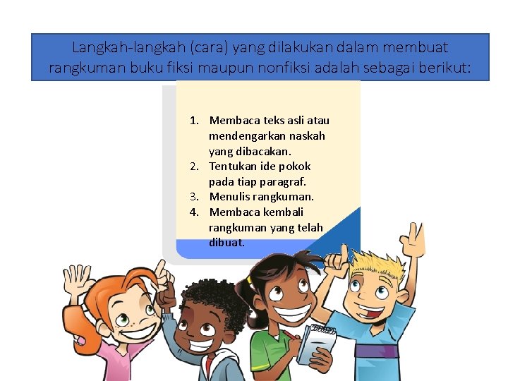 Langkah-langkah (cara) yang dilakukan dalam membuat rangkuman buku fiksi maupun nonfiksi adalah sebagai berikut: