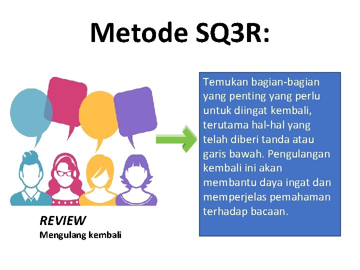 Metode SQ 3 R: REVIEW Mengulang kembali Temukan bagian-bagian yang penting yang perlu untuk