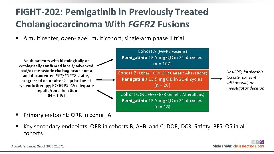 FIGHT-202: Pemigatinib in Previously Treated Cholangiocarcinoma With FGFR 2 Fusions § A multicenter, open-label,