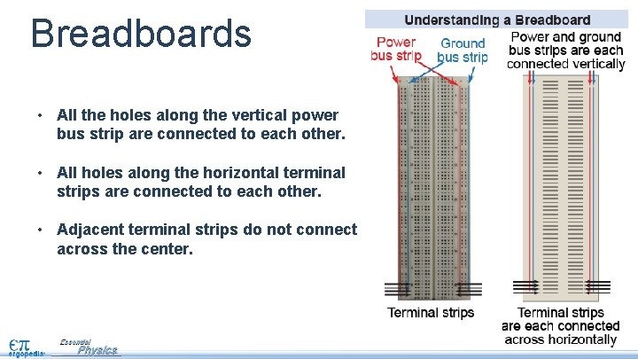 Breadboards • All the holes along the vertical power bus strip are connected to