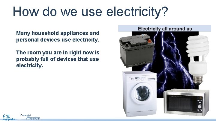 How do we use electricity? Many household appliances and personal devices use electricity. The