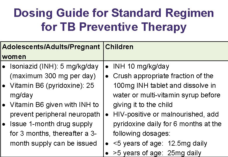 Dosing Guide for Standard Regimen for TB Preventive Therapy Adolescents/Adults/Pregnant women Isoniazid (INH): 5