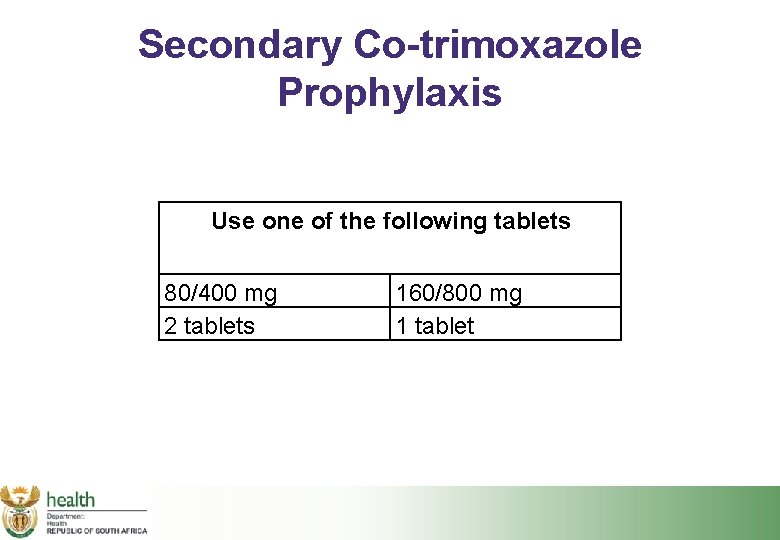 Secondary Co-trimoxazole Prophylaxis Use one of the following tablets 80/400 mg 2 tablets 160/800