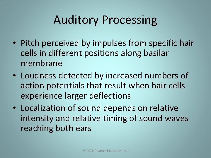 Auditory Processing • Pitch perceived by impulses from specific hair cells in different positions