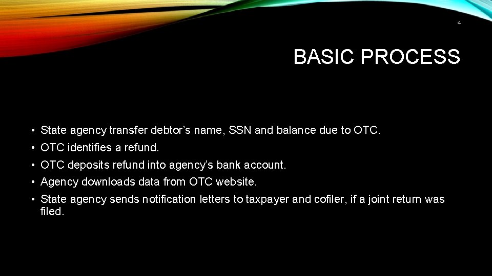 4 BASIC PROCESS • State agency transfer debtor’s name, SSN and balance due to