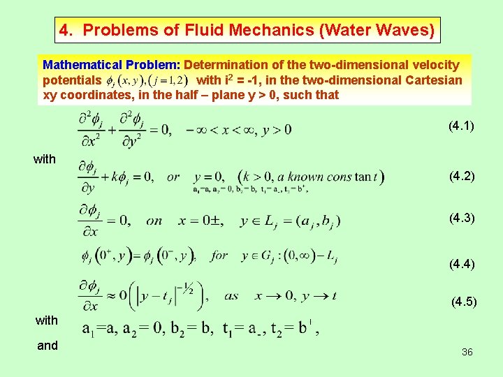 4. Problems of Fluid Mechanics (Water Waves) Mathematical Problem: Determination of the two-dimensional velocity