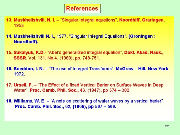 References 13. Muskhelishvili, N. I. – “Singular Integral equations”, Noordhiff, Graringen, 1953 14. Muskhelishvili