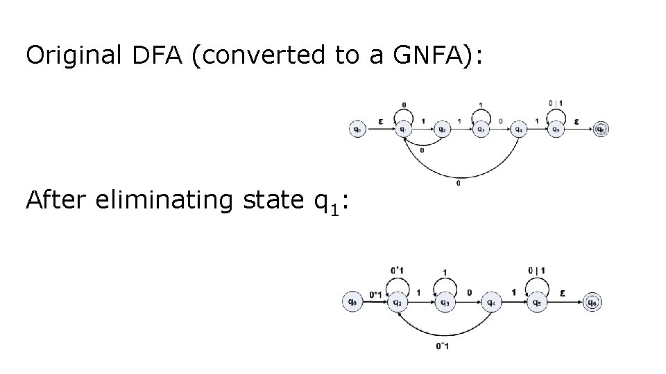 Original DFA (converted to a GNFA): After eliminating state q 1: 