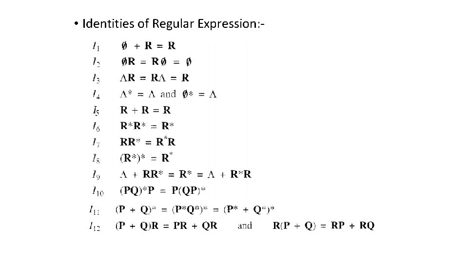  • Identities of Regular Expression: - 