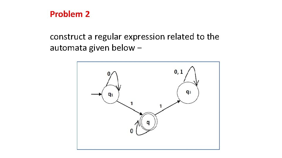 Problem 2 construct a regular expression related to the automata given below − 