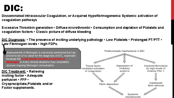 DIC: Disseminated Intravascular Coagulation, or Acquired Hypofibrinogenemia Systemic activation of coagulation pathways Excessive Thrombin