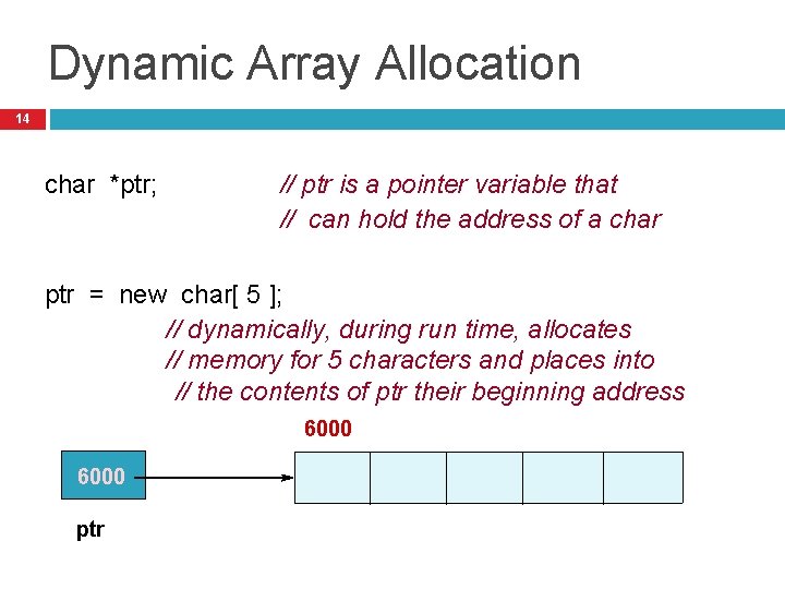 Dynamic Array Allocation 14 char *ptr; // ptr is a pointer variable that //