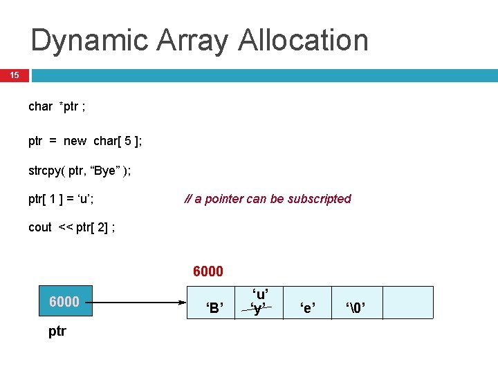 Dynamic Array Allocation 15 char *ptr ; ptr = new char[ 5 ]; strcpy(