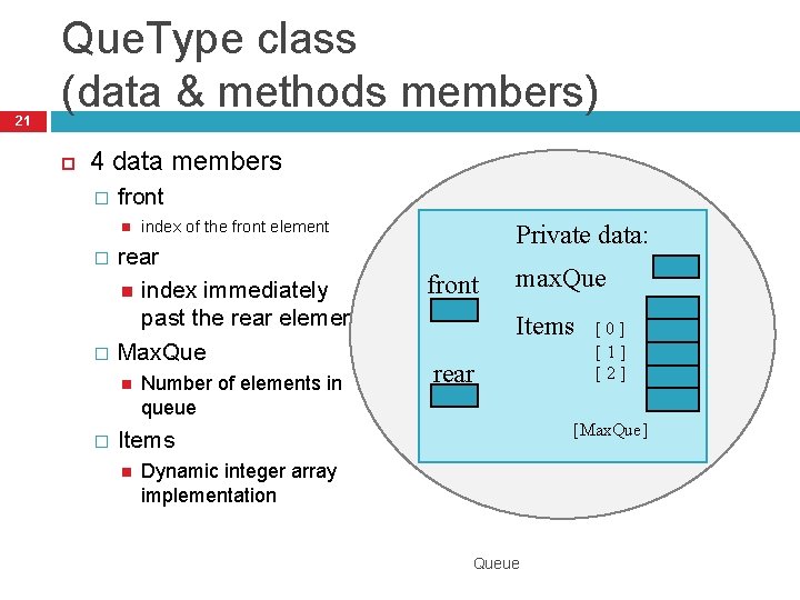 21 Que. Type class (data & methods members) 4 data members � front �