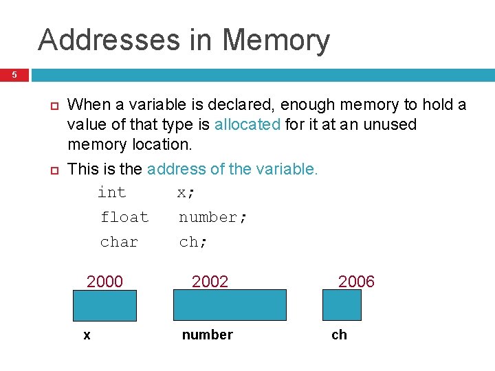 Addresses in Memory 5 When a variable is declared, enough memory to hold a