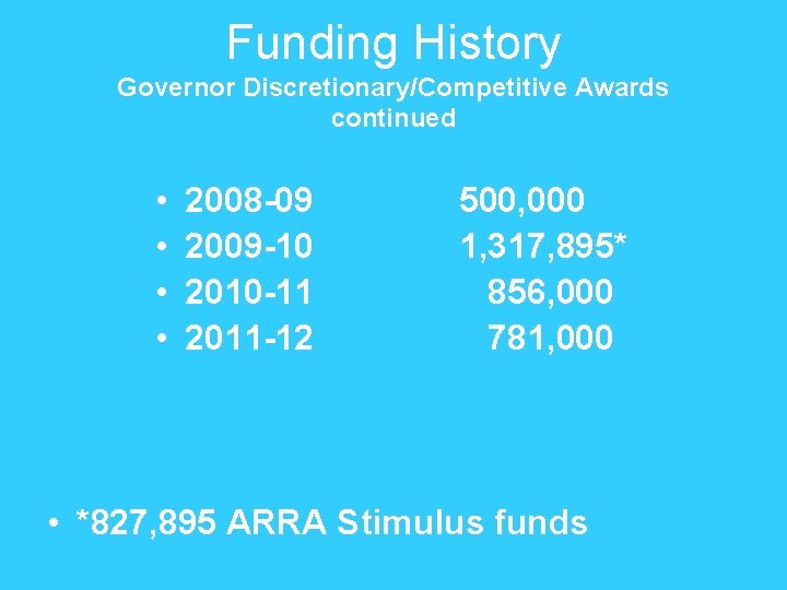 Funding History Governor Discretionary/Competitive Awards continued • • 2008 -09 2009 -10 2010 -11