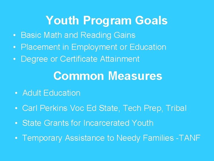 Youth Program Goals • Basic Math and Reading Gains • Placement in Employment or