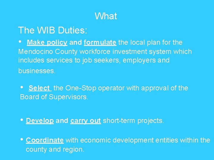 What The WIB Duties: • Make policy and formulate the local plan for the