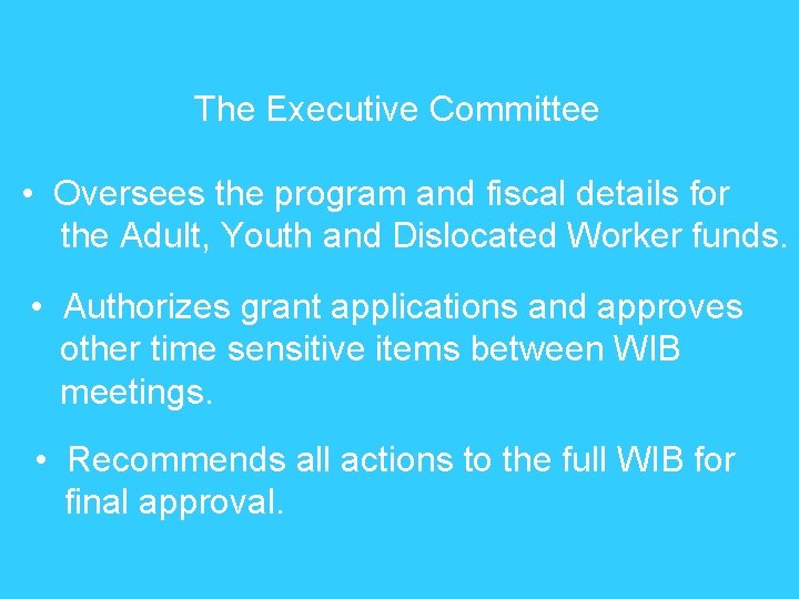 The Executive Committee • Oversees the program and fiscal details for the Adult, Youth