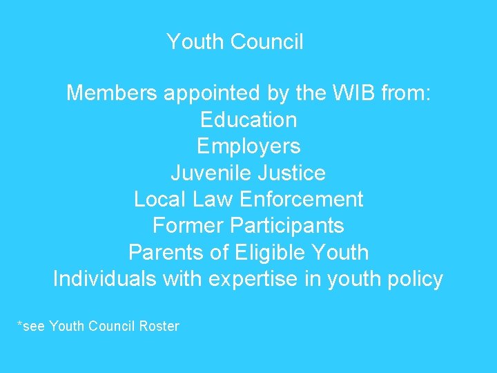 Youth Council Members appointed by the WIB from: Education Employers Juvenile Justice Local Law