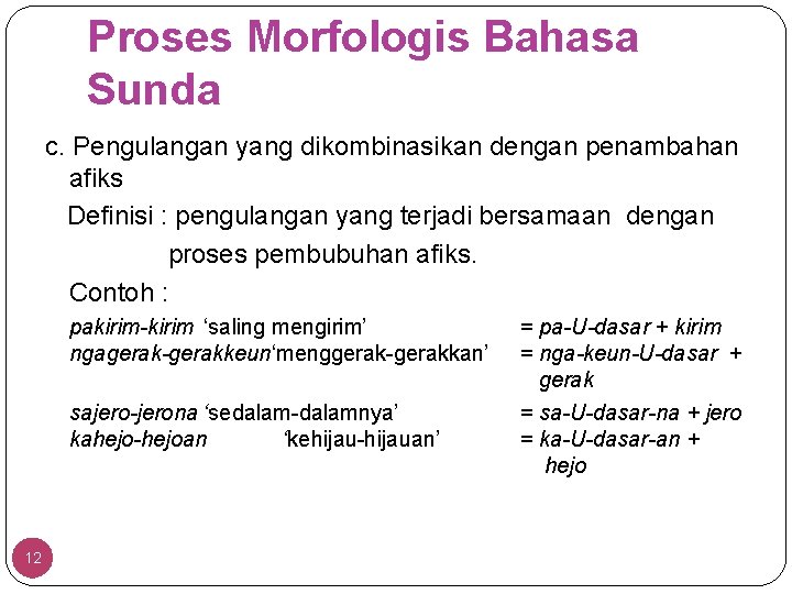 Proses Morfologis Bahasa Sunda c. Pengulangan yang dikombinasikan dengan penambahan afiks Definisi : pengulangan