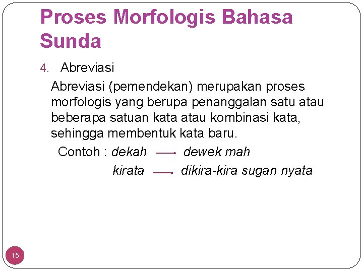 Proses Morfologis Bahasa Sunda 4. Abreviasi (pemendekan) merupakan proses morfologis yang berupa penanggalan satu