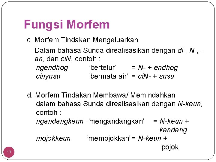 Fungsi Morfem c. Morfem Tindakan Mengeluarkan Dalam bahasa Sunda direalisasikan dengan di-, N-, an,