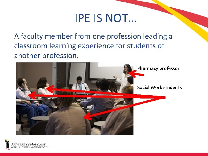 IPE IS NOT… A faculty member from one profession leading a classroom learning experience