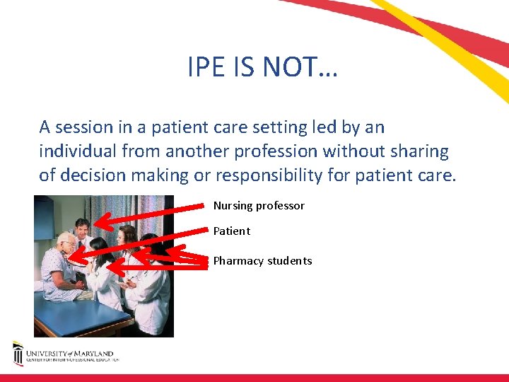 IPE IS NOT… A session in a patient care setting led by an individual