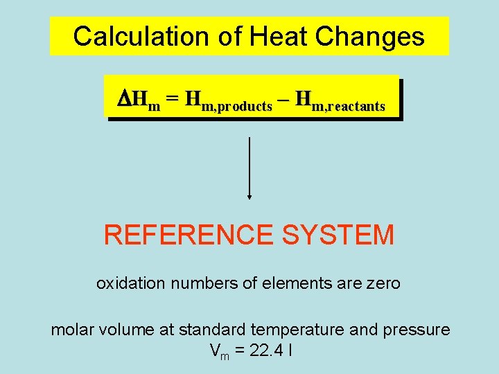 Calculation of Heat Changes DHm = Hm, products – Hm, reactants REFERENCE SYSTEM oxidation