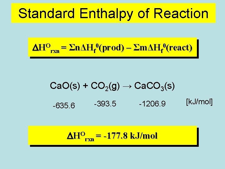 Standard Enthalpy of Reaction DHOrxn = ΣnΔHf 0(prod) – ΣmΔHf 0(react) Ca. O(s) +