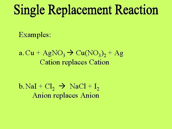 Examples: a. Cu + Ag. NO 3 Cu(NO 3)2 + Ag Cation replaces Cation