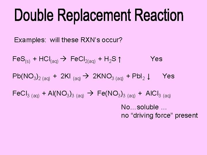 Examples: will these RXN’s occur? Fe. S(s) + HCl(aq) Fe. Cl 2(aq) + H