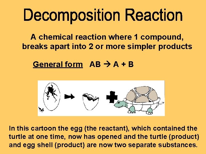 A chemical reaction where 1 compound, breaks apart into 2 or more simpler products