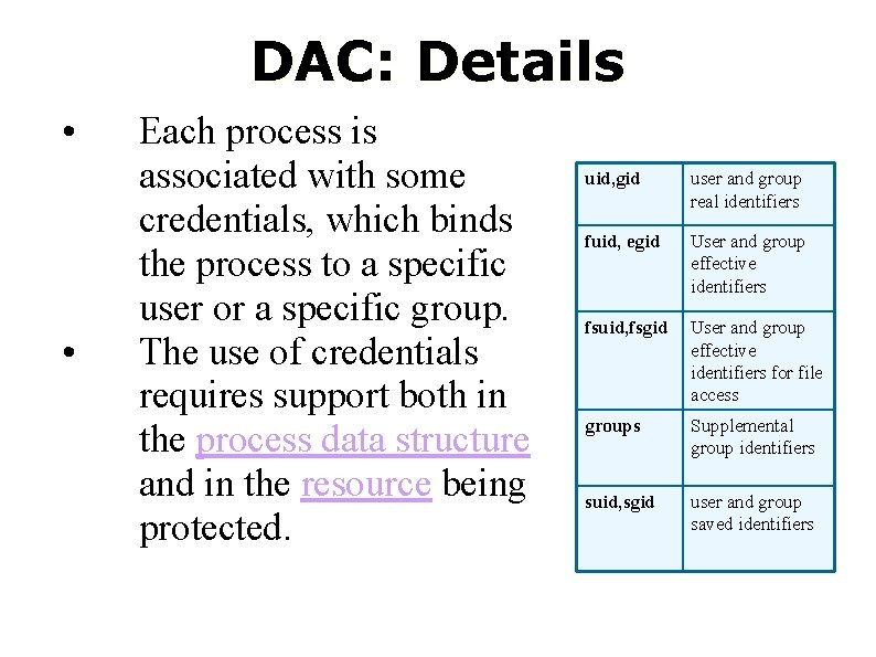 DAC: Details • • Each process is associated with some credentials, which binds the