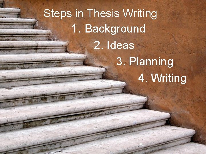 Steps in Thesis Writing 1. Background 2. Ideas 3. Planning 4. Writing 