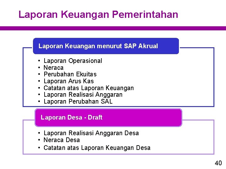 Laporan Keuangan Pemerintahan Laporan Keuangan menurut SAP Akrual • • Laporan Operasional Neraca Perubahan