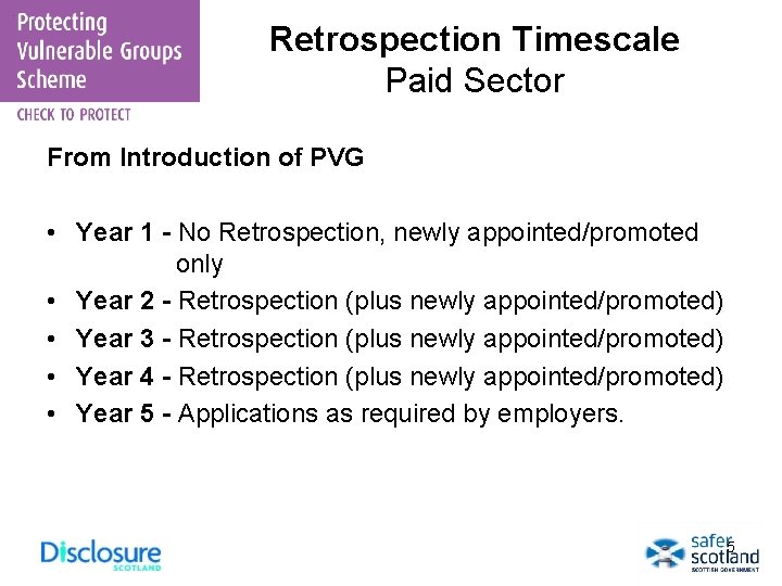 Retrospection Timescale Paid Sector From Introduction of PVG • Year 1 - No Retrospection,