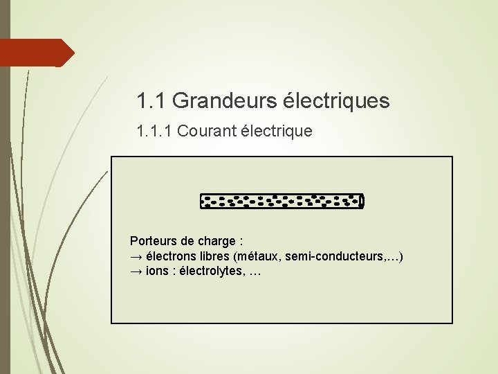 1. 1 Grandeurs électriques 1. 1. 1 Courant électrique Porteurs de charge : →