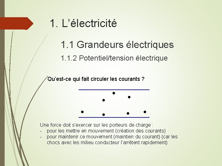 1. L’électricité 1. 1 Grandeurs électriques 1. 1. 2 Potentiel/tension électrique Qu’est-ce qui fait
