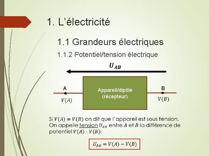 1. L’électricité 1. 1 Grandeurs électriques 1. 1. 2 Potentiel/tension électrique A Appareil/dipôle (récepteur)