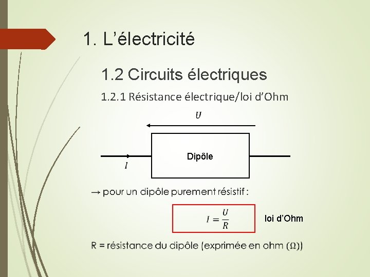 1. L’électricité 1. 2 Circuits électriques 1. 2. 1 Résistance électrique/loi d’Ohm Dipôle loi