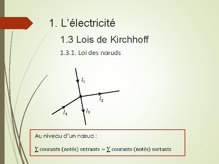 1. L’électricité 1. 3 Lois de Kirchhoff 1. 3. 1. Loi des nœuds 