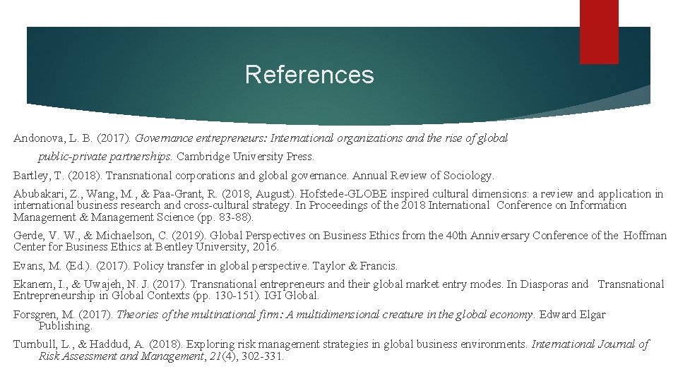 References Andonova, L. B. (2017). Governance entrepreneurs: International organizations and the rise of global