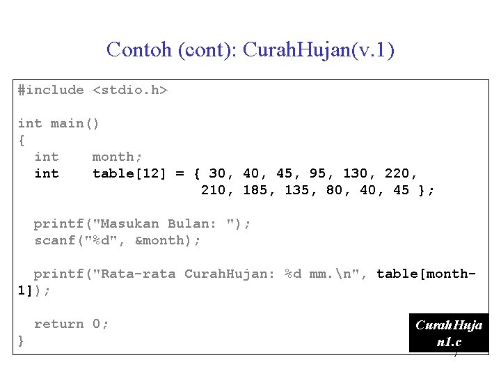 Contoh (cont): Curah. Hujan(v. 1) #include <stdio. h> int main() { int month; int