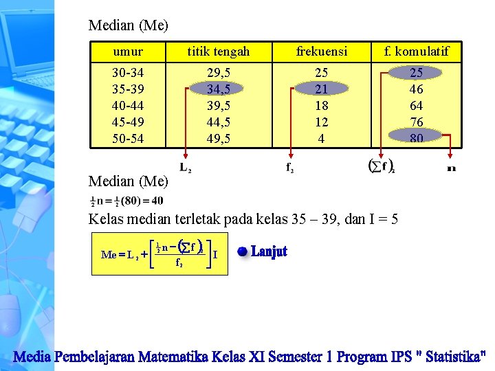 Median (Me) umur titik tengah frekuensi f. komulatif 30 -34 35 -39 40 -44
