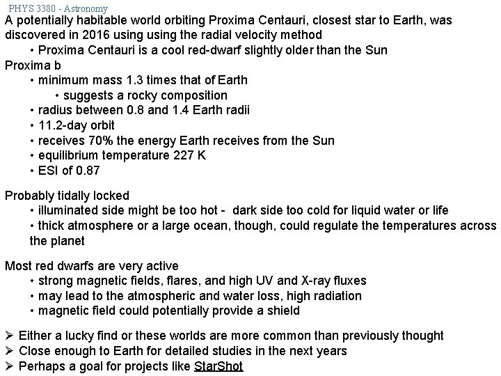 PHYS 3380 - Astronomy A potentially habitable world orbiting Proxima Centauri, closest star to